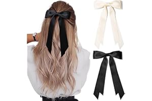ZUFIO 2PCS Silky Satin Hair Bows Hair Clip Black Hair Ribbon Ponytail Holder Accessories Slides Metal Clips Hair Bow for Women Girls Toddlers Teens Kids (Black/Beige)