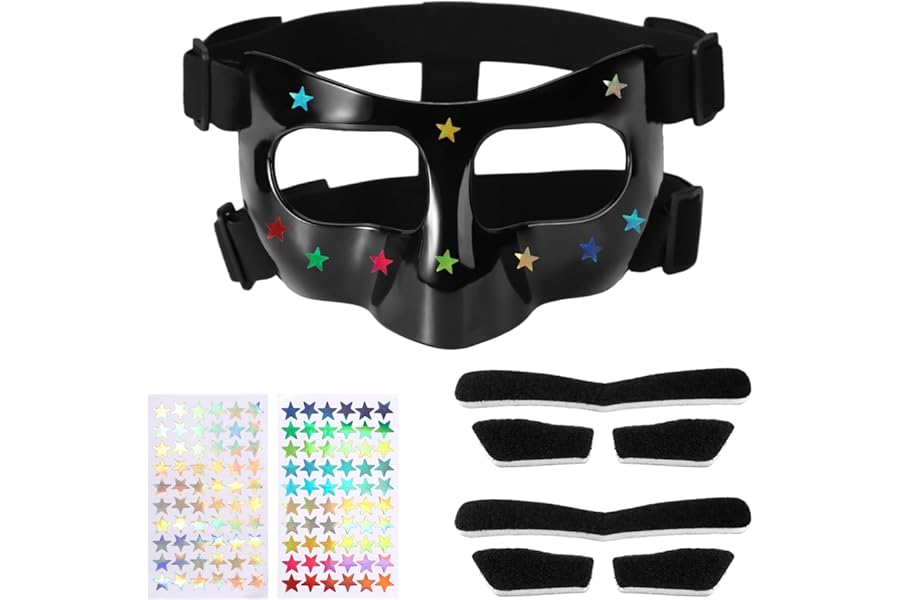 Nose Guard for Broken Nose, 5.9x3.74 in Adjustable Face Shield with Pads Star Stickers Guard Sports Training Face Mask Nose Protector for Kids Adults Teens Basketball Soccer Baseball Football(Black)