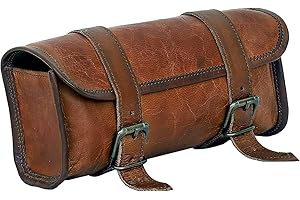 american blue Vintage-Motorradtasche aus echtem Ziegenleder, 2-Riemen-Schnallenverschluss, braune Werkzeugtasche, Schnellverschluss, verstärkt, für Lenker, Gabeln, Leder-Fahrradtasche (Muster 2)
