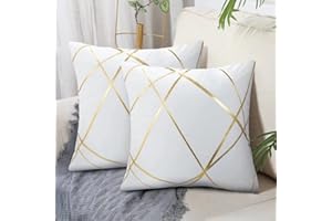 DECORMOMMT Grand Housse de Coussin 50x50 CM Moderne Velours Coussin été Blanche Décoratifs Housses d'oreiller Lignes Dorées Géométrie Coussin Salon Banc Taie Coussin canapé Lot de 2