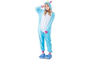 Kauson Unisex Einhorn Pyjamas Onesie Karton Animal Cosplay Fasching Kostüm Warm Gefüttert Body Overall Tier Nachtwäsche Kigurumi Karneval Halloween Weihnachten Xmas Pyjamas Sleepwear