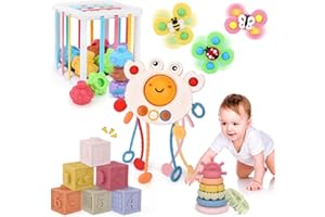 HOAROSALL Montessori Jouets Bebe Jouet Sensoriel 5 en 1 Comprenant Baby Spinner Ventouse, Trieur de Formes, Jouets à Tirer, Jouets en Blocs, Jouets à Empiler, Cadeau Pour les Enfants de 6, 12 et 18 Mois