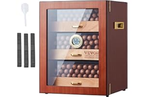 VEVOR Humidor-Schrank für Zigarren, Handgefertigter Humidor aus Spanischem Zedernholz für 100–150 Zigarren, Glas-Zigarren-Aufbewahrungsbox für den Schreibtisch mit Digitalem Luftbefeuchter