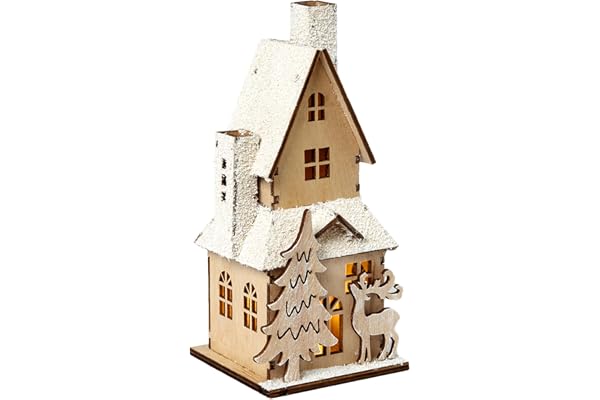 HEITMANN DECO dekorativt trähus med LED-belysning – naturligt trä med snötäckt tak – juldekoration, 9 x 9 x 20 cm, natur