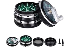 TIRIRS 2.5" 4 Pieces Hand Cranked Clear Top Herb Grinder - Aluminium Spice Grinder with Pollen Scraper and Cleaning Brush, Foldable Handle - Black and Green.