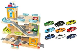 Leomark Le Grand Garage avec Accessoires - 9 Voitures en métal - en Bois Parking À Voitures avec Étage et Ascenseur, Multicolore, Trois étages Jouet pour Enfants + Pendentif réfléchissant