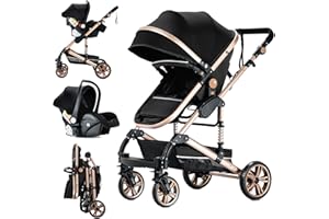 Doraystar Carro Bebe 3 Piezas, Carrito Bebe 3 en 1 con Dos Modos de Empuje Reversibles, Cochecito Bebe 3 Piezas con Capazo Grande Cómodo, Carricoche Bebe 3 Piezas Alto Paisaje (739 Black Gold)