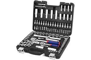 WORKPRO Coffret de Douilles et Embouts 108 Pièces avec Clés à Cliquet 1/2" et 1/4" (72 Dents), 2 Rallonges, Porte Embout et Universel, Boîte Pratique et Résistante