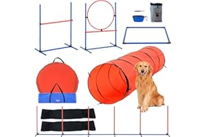 VEVOR Agility Set Hunde, 5-teiliges Upgrade-Set mit verstellbaren hohen Hürden, 6 Slalomstangen, verlängertem Tunnel, Sprungring, Pausenbox, Pfeife, faltbarem Napf, Hindernisparcours-Set mit Tasche