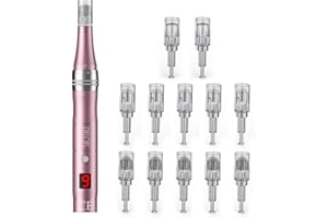 Dermapen 9 Velocidades PELCAS Dermapen Profesional con 12 Cartuchos Tipo-C Recargable Derma Pen Eléctrico con Pantalla LCD para Cuerpo, Barba, Cabello y Cuidado de la Piel-Rosa pálido