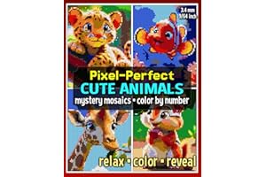 Pixel-Perfect Cute Animals Mystery Mosaics Color by Number: Pixel Art Coloring Book for Adults and Teens