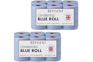 EPISENT Blue Roll 2-Ply Centre Feed Paper Towels – Super Absorbent, Food Safe & Recyclable – Commercial Wiping Roll for Kitchen, Garage, Bathrooms & Cleaning Dispensers (Pack of 2-12 Rolls)