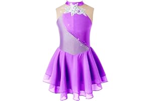 TiaoBug Maillot de Patinaje Artístico para Niñas Competición Vestido Lentejuelas de Baile Leotardo con Falda Tul Body Ballet Disfraz de Baile Actuación
