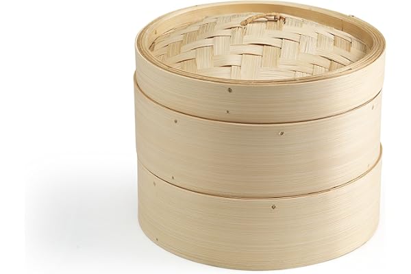 Ken Hom Cuiseur Vapeur Bambou, 20cm, Excellence, Panier Asiatique avec 2 étages, pour Dim Sum, Riz, Les Légumes, Le Poisson et la Viande