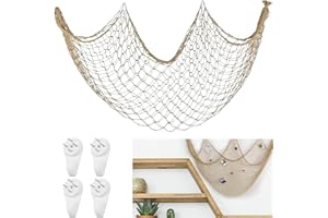 AHLMA 1 Pezzi Rete da Pesca Decorativa Decorazione da Parete a Mano porta Foto da Muro Decorazioni per Appendere e 4 Chiodi Senza Traccia Ideale per Appendere Foto in Soggiorno Camera(Colore Canapa)