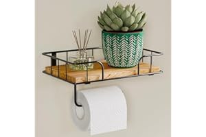 THYGIFTREE Wooden Toilet Roll Holder with Shelf, Toilet Paper Holder with Wet Wipes Box Wall Mounted Tissue Black Toilet Roll Holder wooden with Drilling Loo Roll Holder for Bathroom Accessories