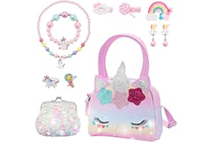 Aleker Unicorn Handbag with Princess Jewelry Set for Girls 3-8 Years - Dress Up Accessories