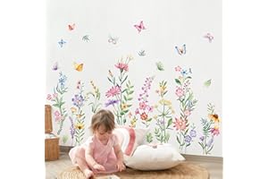 Supzone Garden Flower Wall Stickers Large Watercolor Wildflower Daisy Floral Butterflies Wall Decals for Girls Bedroom Living Room Home Office Wall Decor