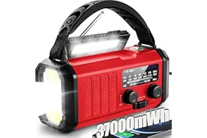 QAUYYW Radio de emergencia de manivela, 37 000 mWh, energía solar, radio meteorológica portátil NOAA AM FM con linterna de 3 modos y linterna de lectura, cargador de teléfono móvil, señal