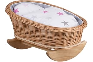 e-wicker24 Alles aus Weide Un letto a dondolo, una culla a dondolo, una rete in vimini per bambole, letto per bambole in colore naturale.