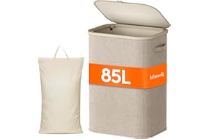 Lifewit 85L Laundry Basket with Lid, Large Laundry Hamper with Plastic Handles and Removable Bag, Foldable Tall Dirty Clothes Hampers for Laundry for Laundry Room, Bedroom, Bathroom, Dorm, Beige