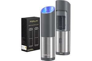 FORLIM Moulin à poivre électrique avec éclairage LED, Moulin à poivre et à sel à grosseur réglable, Meulage automatique par gravité, Opération à une main, Moulin à épices, 2 Pièces(Gris)