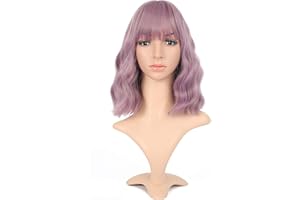 VCKOVCKO Mix Purple Natural Wavy Bob Wig With Air Bangs Short Bob Wigs Women's Shoulder Length Wigs Curly Wavy Synthetic Cosplay for Girl Colorful Wigs(12",Mix Purple)