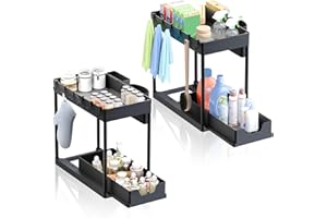 Tropamig - Pack de 2uds Mueble fregadero con 2 Niveles - Organizador Bajo Fregadero Cocina Lavabo. Organizador Debajo Fregadero Estante Extraíble, 16 Ganchos, 2 Cestas y REGALO 2 Colgadores Adhesivos