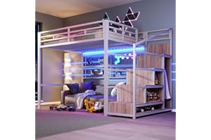 Wyibwy Letto a soppalco 140x200 con luce LED e scala portaoggetti,metallo letto a castello matrimoniale con armadio e griglia,spazio aperto sotto,ferro Letto 140x200 per bambini,senza materasso,bianco