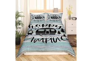 HOMEWISH Camper Bedding Set 220 x 240 cm Teenager Happy Camping Duvet Cover Rustic Farmhouse Style Sketch Drawing Camper Duvet Cover for Kids Boys Adults Bedroom Decor Ultra Soft Bedding
