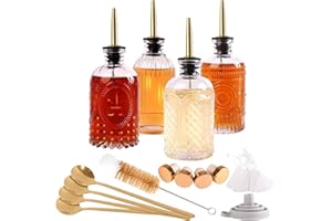 TENUISKFT Zestaw szklanych dozowników syropu do kawy, 4 sztuki, szklany dozownik syropu, 210 ml, proste butelki na syrop, z metalowym lejkiem, korkiem korkowym, łyżeczką do herbaty, syropem karmelowym, miodem