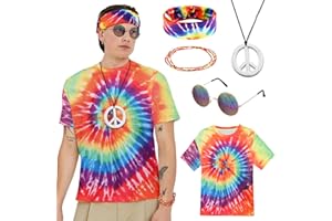 MOIUGULI Disfraz Hippie Años, Disfraz Años 70s 60s Hombre, Carnaval Disfraz Hippie Hombre con Colorido Tie Dye Camiseta Collar Gafas de Sol Diadema Pulseras, Disfraz Rockero Hombre para Halloween Carnaval