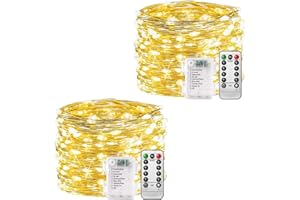 ‎PLAINSHE plainshe Lichterkette Batterie - 2 Stk, 100 LED Lichterkette 10m 8 Modi Fernbedienung, Timer Lichterkette Draht, Warmweiß Dimmbar Lichterkette Akku, Weihnachten Lichterkette Batteriebetrieben