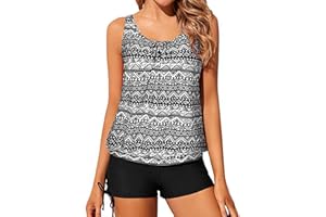 IHCEMIH Swimming Costume Women Tankinis Sets Blouson Swimsuits Push up High Waisted Swimwear Bathing Suit Women's Printed Beachwear 2 Piece Tankini with String Shorts for Ladies UK