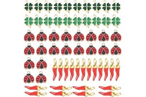 WUSJCOF 60 Pezzi Ciondoli Portafortuna Coccinella e Quadrifoglio Verde per Creazioni Fai da Te Gioielli Collane Bracciali e Portachiavi in Metallo