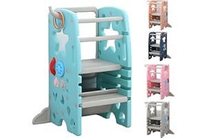 THUNDER GROUP Kids Step Stool, Adjustable Standing Platform | Kids Learning Tower for 1+ Year Old | Toddler Learning Tower 4 Modes (Basketball, White Board, Busy Board, Rings) (Baby Blue)