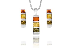 Damen Schmuckset Bernstein Sterling-Silber 925 Anhänger 3 Bernsteine mehrfarbig längen-verstellbar Nachhaltige Verpackung Schöne Geschenke für Frauen