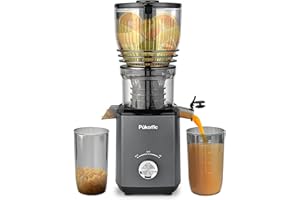 Pukomc Kaltpress-Entsafter, 5,8" Extra Breiter Einfüllschacht mit 300W, Langsamer Kau-Entsafter für ganzes Gemüse und Obst, Hohe Saftausbeute, Leicht zu Reinigen, Grau