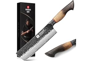 XINZUO Acier Damas 18cm Couteau Nakiri Finition Martelée Couteau de Cuisine de Chef Lame Tranchante Forgé Professionnel -Poignée en Chêne Blanc -Coupez Rapidement la Viande,Poisson,Fruits et Légumes