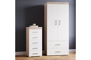 DRP Trading White & Sonoma Oak 2 Piece Bedroom Furniture Set, 5 Drawer Tall Boy Chest, 2 Door Wardrobe, Ample Storage, Elegant Décor, Ideal for Bedroom Organisation, Quality Bedroom Set…