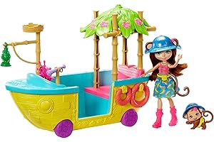 Enchantimals Coffret Bateau d'Exploratrice à roulettes, Mini-poupée Merit Singe, Figurine Animale Compass et Accessoires, Jouet Enfant, GFN58