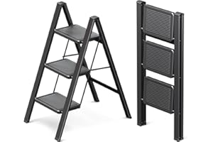 GameGem Escabel de 3 Peldaños para Adultos, Escalera Plegable con Base Antideslizante, Peldaños Ampliados, Diseño Estético Que se Integra Perfectamente en Interiores Domésticos