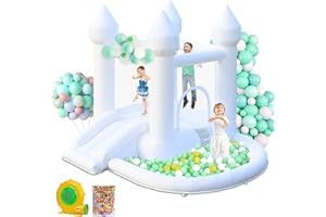 AONESY Infltable Bounce House Castle with Slide, White Jumper Bouncy Castle with Ball Pit Wedding Castle for Party Backyard for Kids, with 370W Air Blower