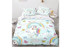 Xisnuient Funda Nórdica con Temática de Unicornio 2/3 Piezas Juego de Sábanas Comfort para Niños Pegaso Arcoiris Niña Unicornio Mágico Ropa de Cama Funda de Edredón (Color 2,Cama 105 cm,180x220 cm)