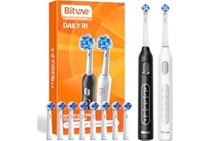 Bitvae Juego de cepillo de dientes eléctrico de 2 piezas para adultos y niños, 8 cabezales, 60 días de duración de la batería, 5 modos con temporizador inteligente de 2 minutos, blanco y negro, R1