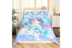 HOMEWISH Süße Meerjungfrau BettwäSche 155 x 220 Mädchen Cartoon LäChelnde Meerjungfrau Bettwäsche-Set Kawaii Zimmerdekor für Kinder Teenager Blau Fischschuppen Bettbezug Glitzerndes Galaxie Schlafzimmerdekor