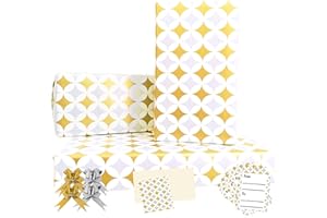 ZALIOAN Papel de Regalo Oro,4 Hojas 85 * 60cm Papel Regalo con 4*Cuerda de mariposa,2*Tarjetas,4*Calcomanías para Mujer,Hombre,Niña,Niño,Cumpleaños,Navidad,Boda