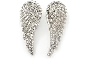 AVALAYA Diamante 'Angel Wings' Stud Earrings In Silver Tone Metal - 40mm Length