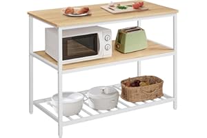 VASAGLE Estante de Cocina con encimera Grande, Estante de microondas de 3 Niveles, Marco de Acero, 60 x 120 x 90 cm, Moderno, fácil instalación, Roble Blanco KKI001W09