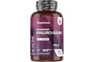 ‎WEIGHTWORLD Hyaluron Kapseln - 600mg pro Kapsel - 120 vegane Hyaluronic Acid Capsules - 4 Monate Vorrat - Molekülgröße (500-700 KDA) - Hyaluronsäure Kapseln - Frei von Magnesiumstearat - WeightWorld